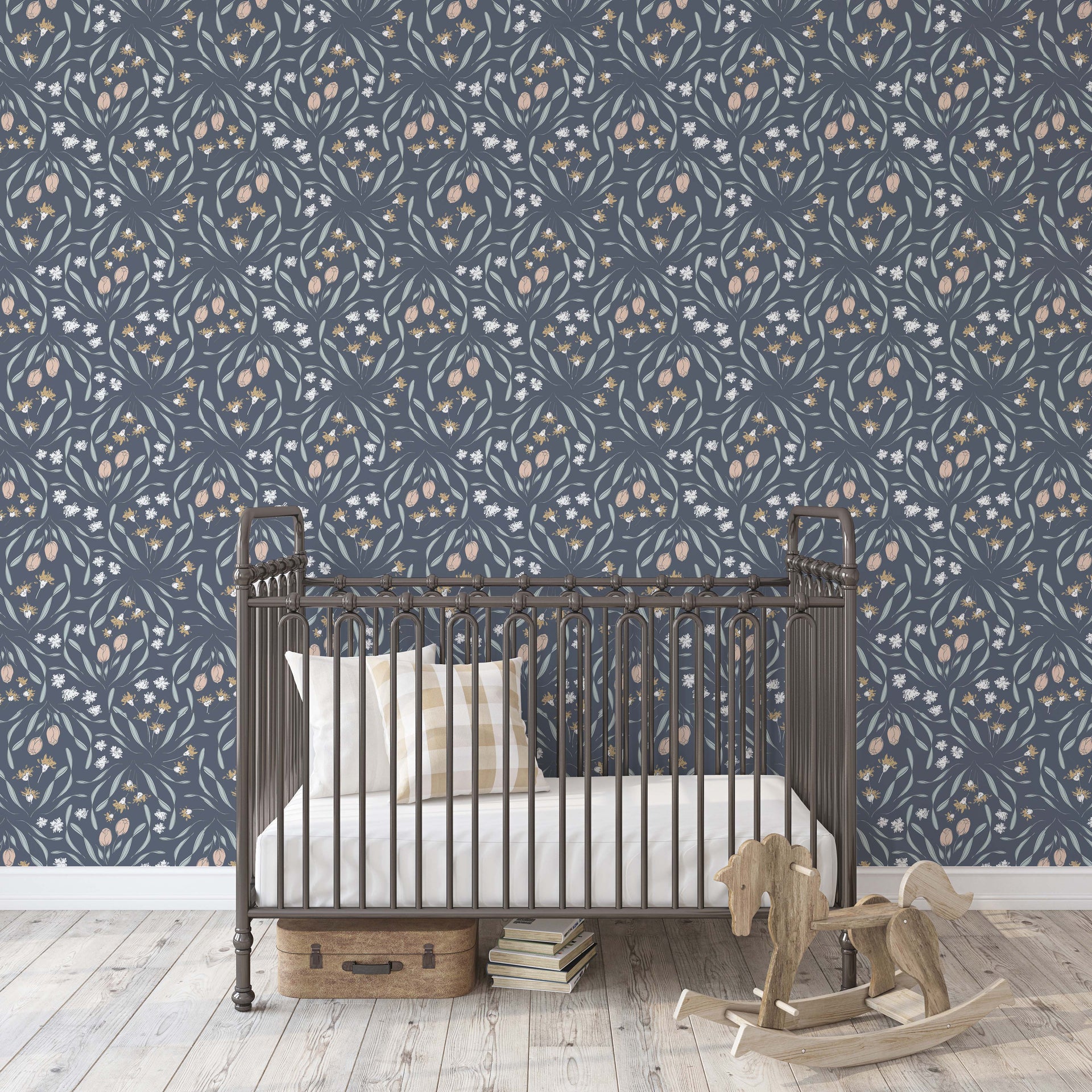 Primrose Floral Wallpaper in White, Blue, Blush, and Gold