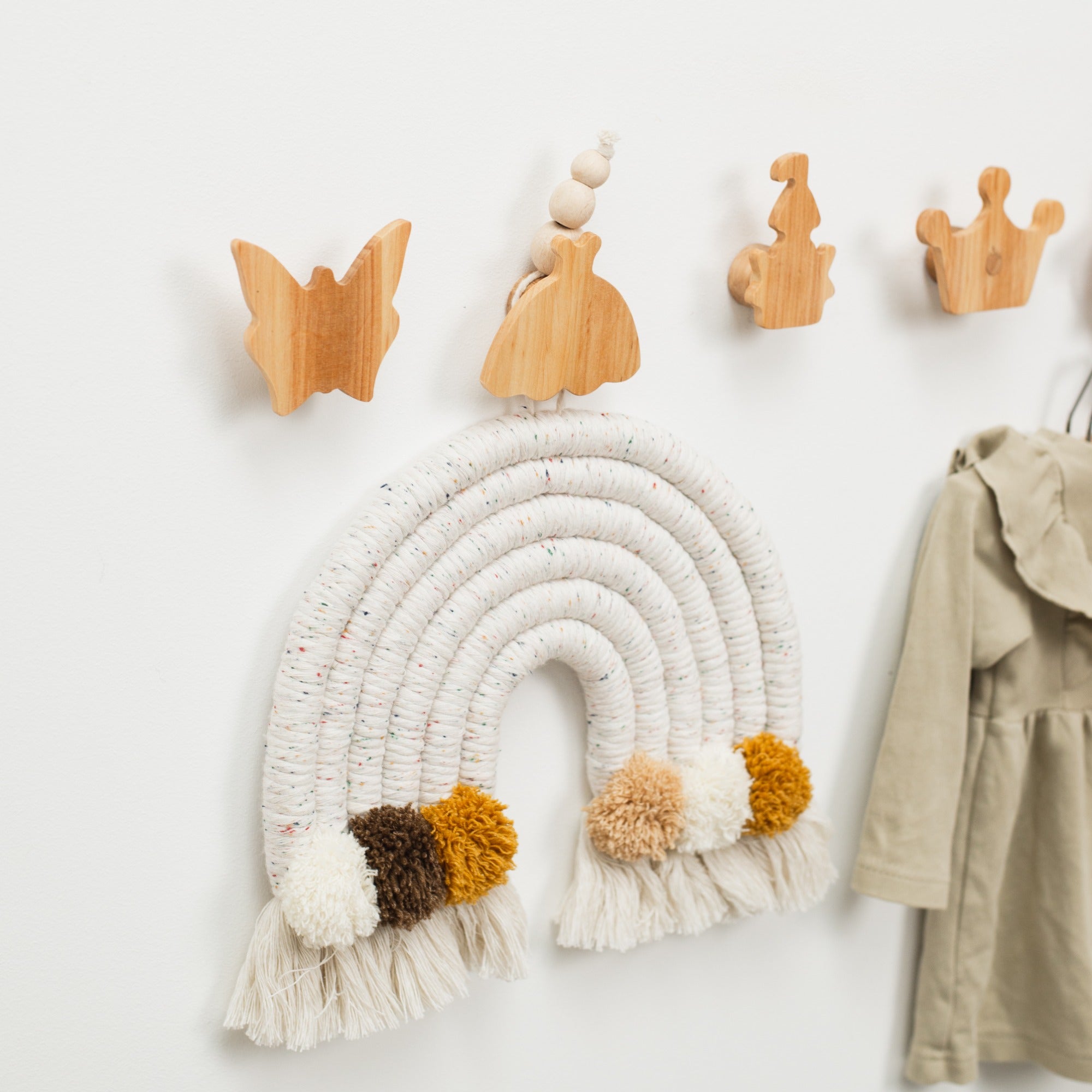 Princess Wood Wall Hooks - Minimalist Neutral Nursery Storage