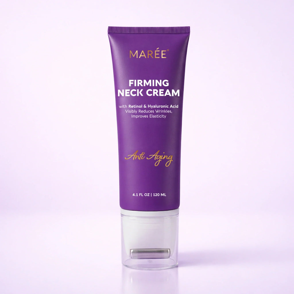 Purple tube of Maree Retinol Neck Firming Cream with a metallic massage roller applicator