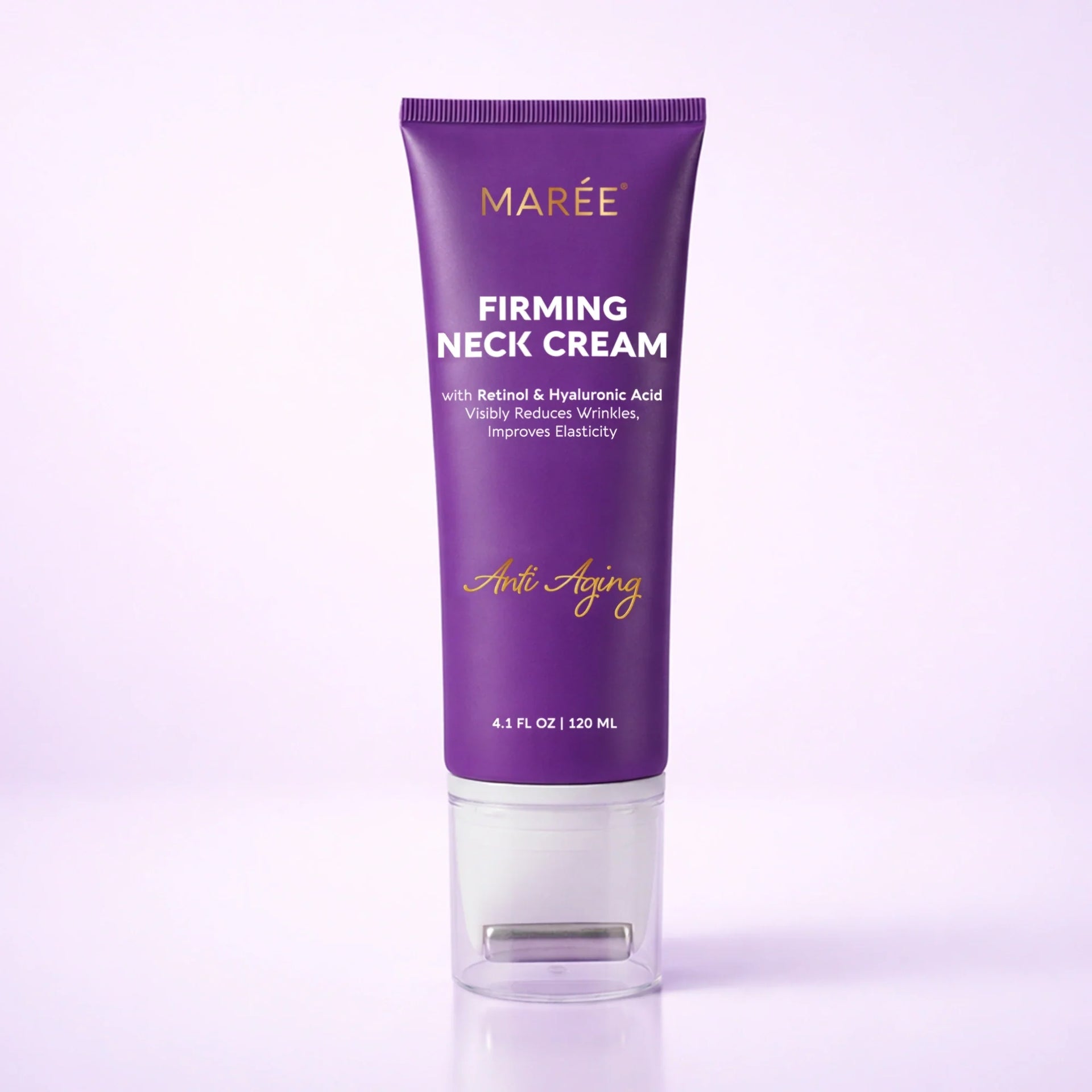 Purple tube of Maree Retinol Neck Firming Cream with a metallic massage roller applicator