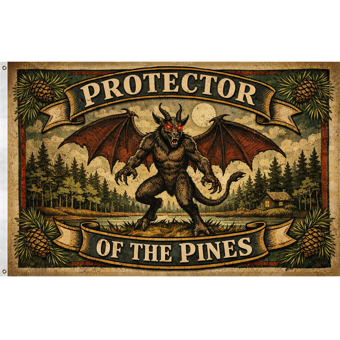 Protector of the Pines dark fantasy flag in brown and green polyester material.