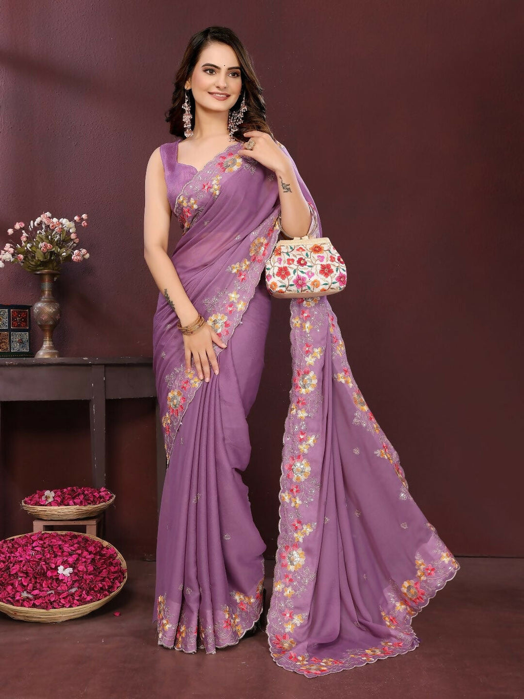 Light Purple Soft Star Georgette Party Wear Saree