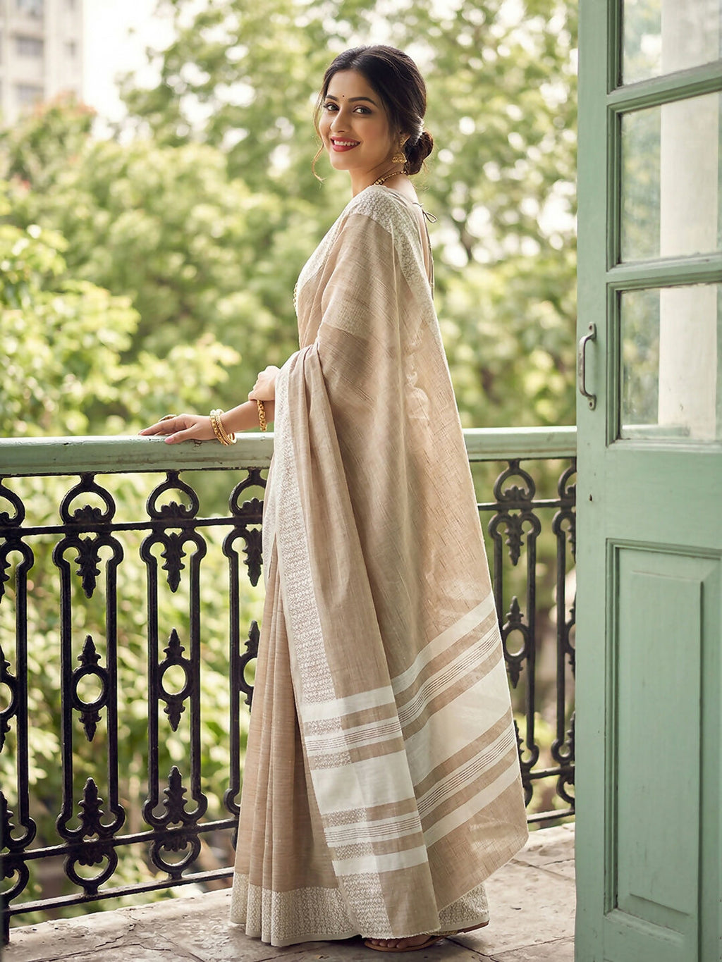 Lite Brown Linen Saree with Matching Blouse Piece