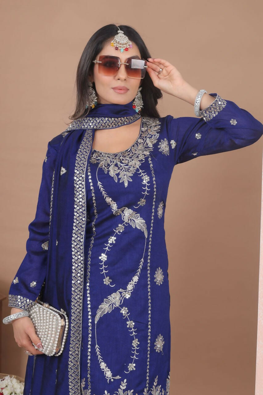 Blue Georgette Embroidered Sharara Set for Festive Occasions