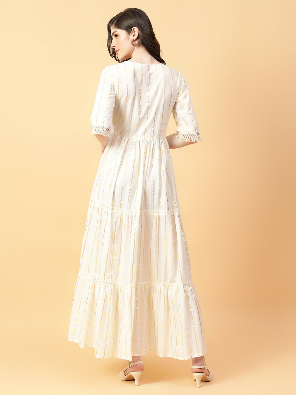 Cream Cotton Lurex Hand Work Dress