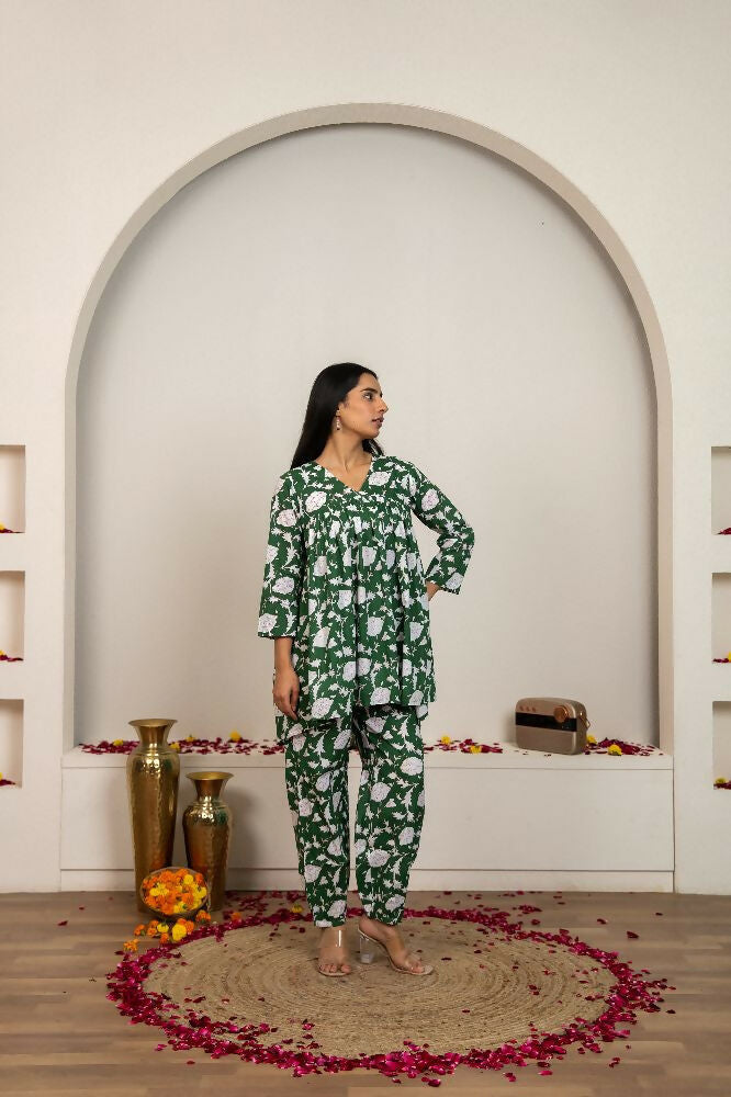 Green Hand Block Printed Cotton Co-Ord Set for Women