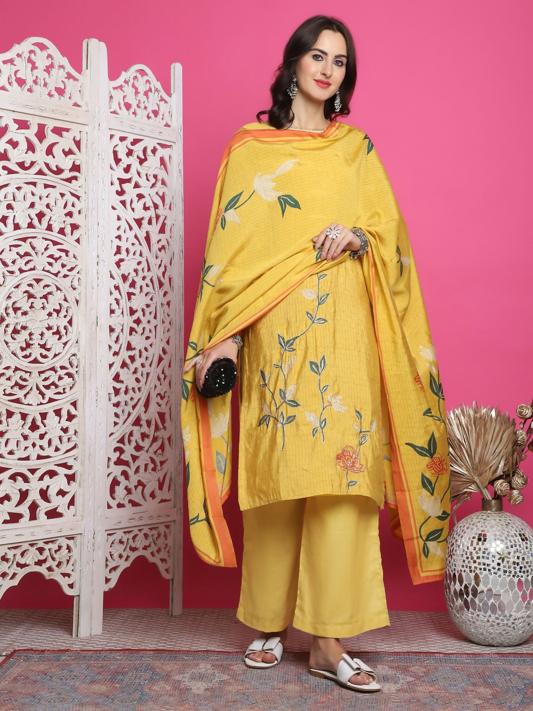 Women's yellow muslin floral print kurta with Jari and crystal work including trousers and dupatta