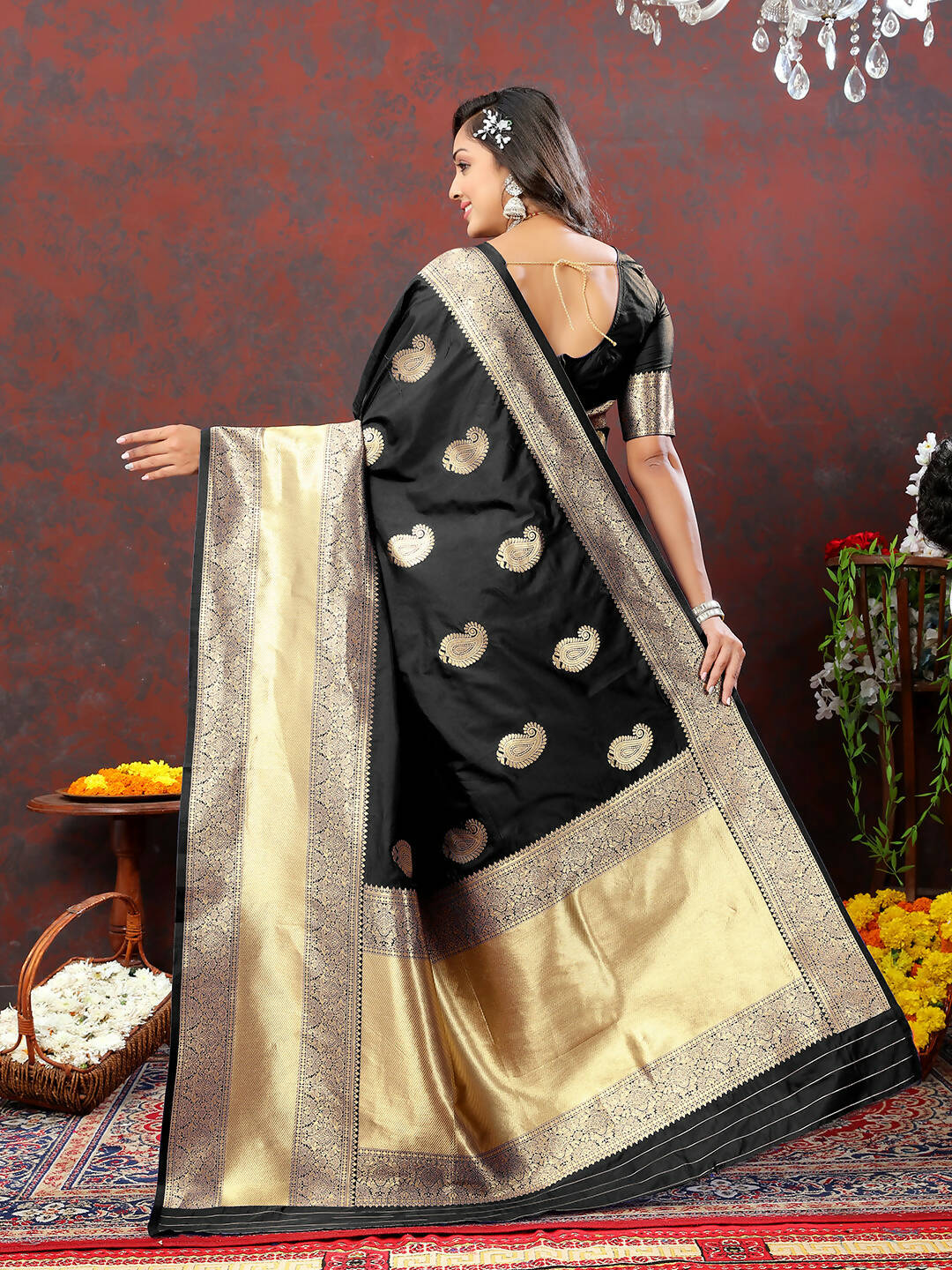 Black Soft Silk Saree with Gold Zari Weaving and Silk Blouse