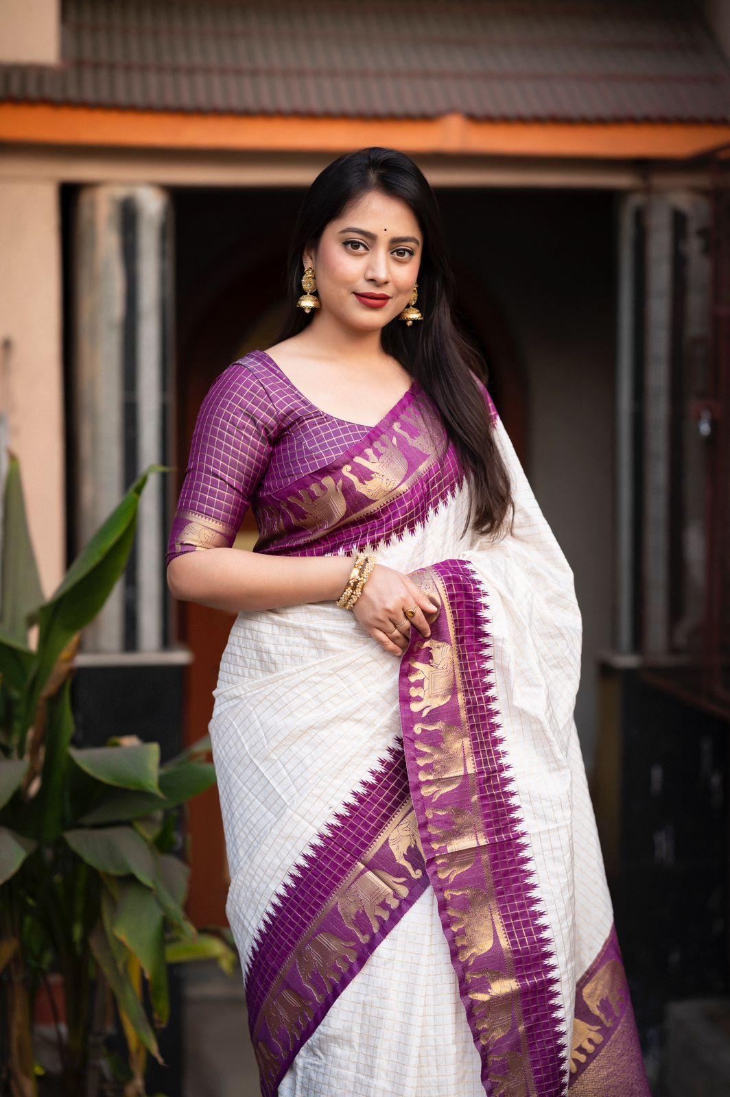 Lavender Silk Zari Woven Saree with Elephant Border
