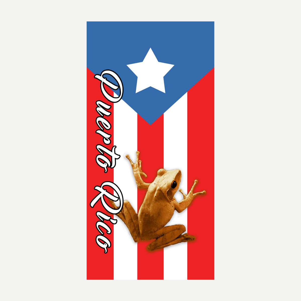 Puerto Rico flag design beach towel featuring a central Coqui frog graphic