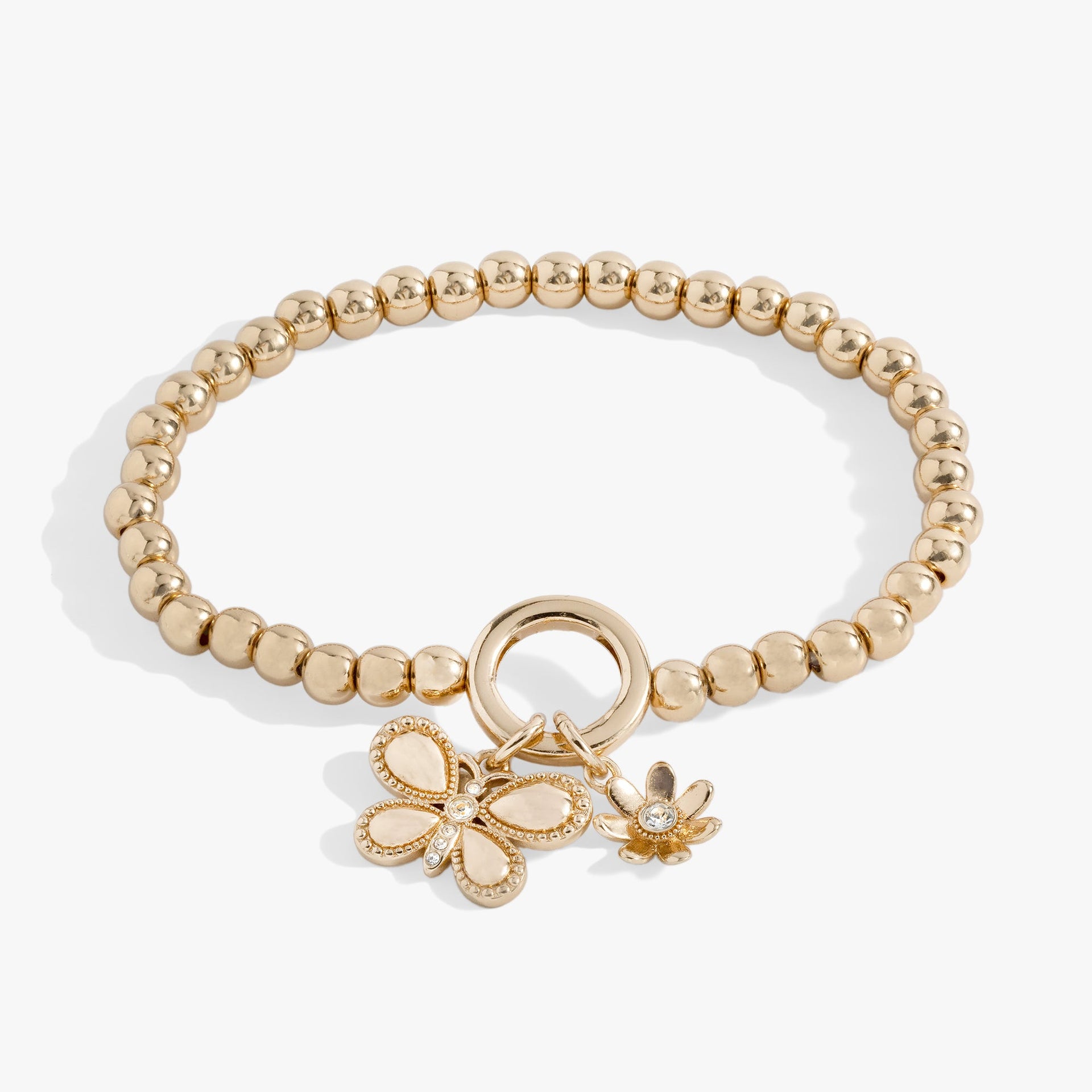 Gold puffy butterfly stretch bracelet with crystal details and a daisy charm