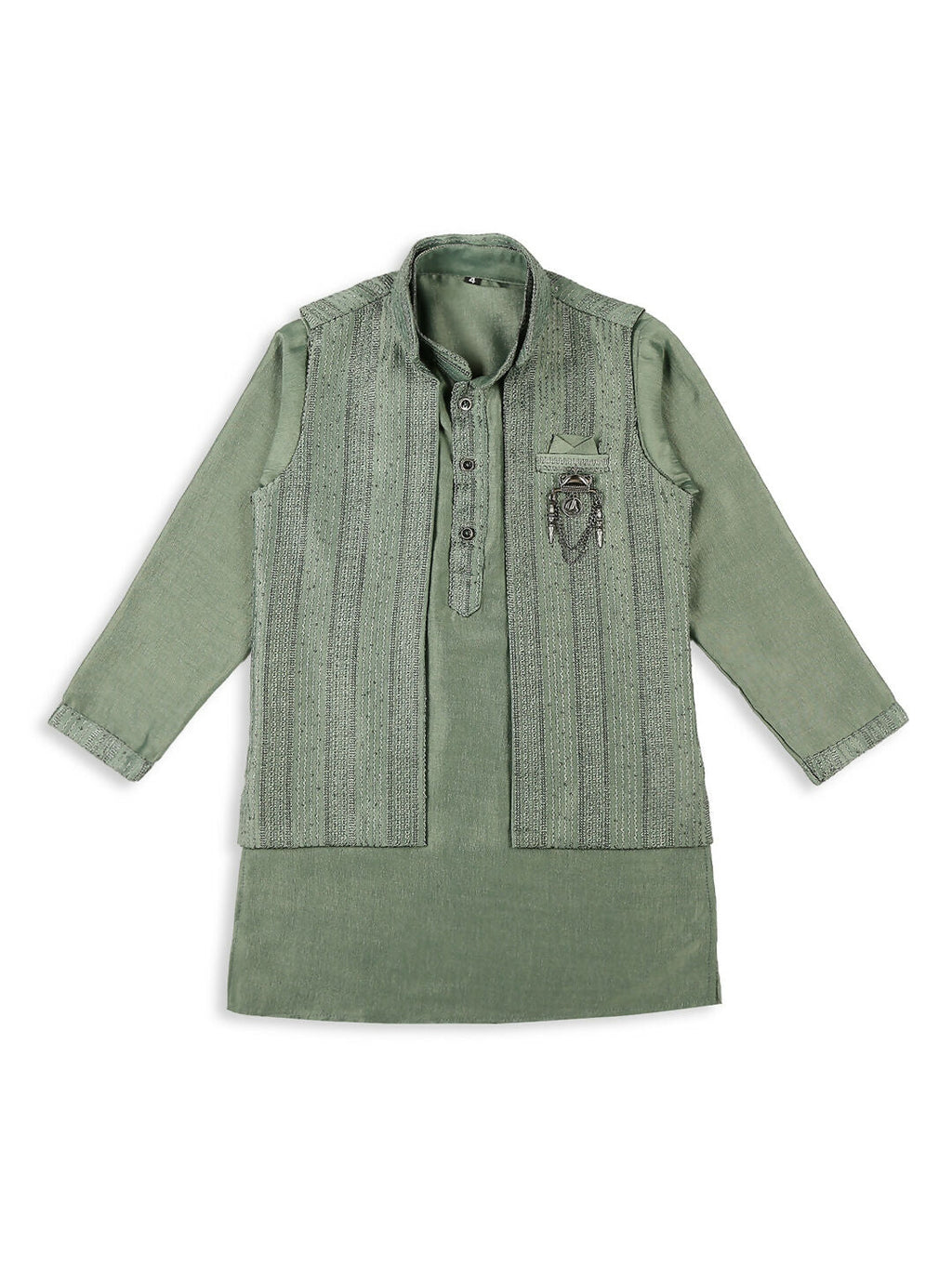 Boys Green Embroidery Sequence Kurta Pyjama with Nehru Jacket