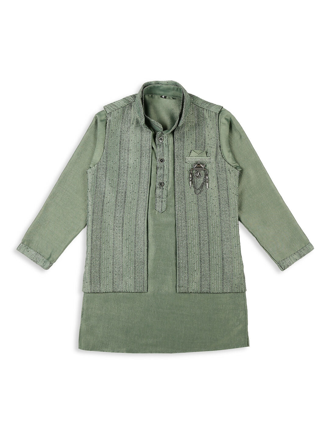 Boys Green Embroidery Sequence Kurta Pyjama with Nehru Jacket