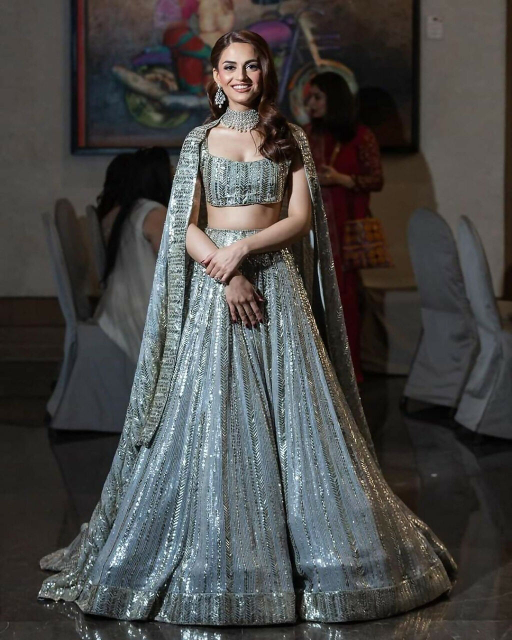 Grey faux georgette lehenga choli with detailed 3MM and 7MM sequin embroidery