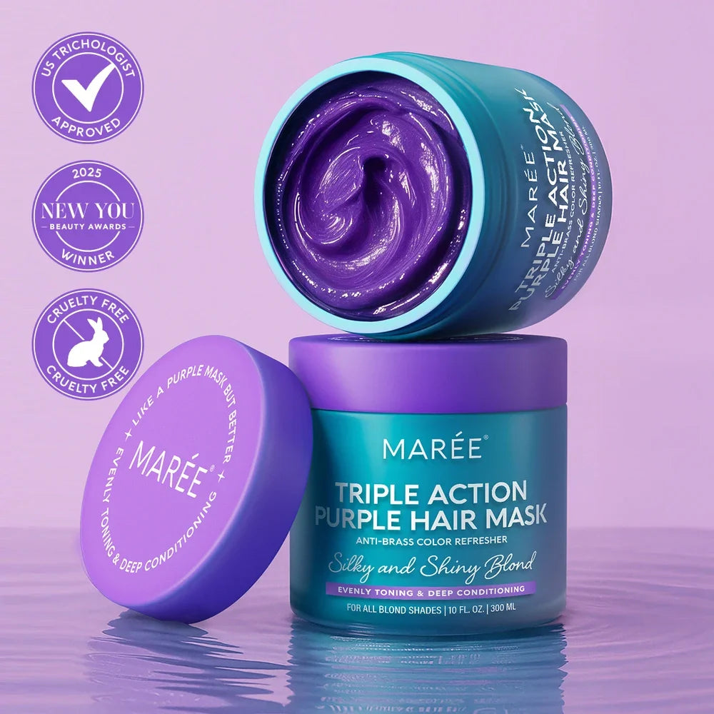 Maree Triple Action Purple Hair Mask for blonde hair in a teal jar with visible purple cream texture.