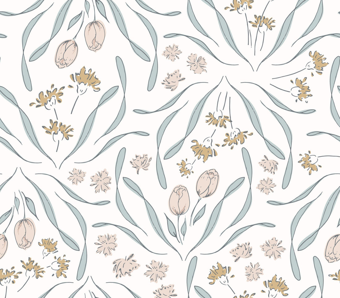 Primrose Floral Wallpaper in White, Blue, Blush, and Gold