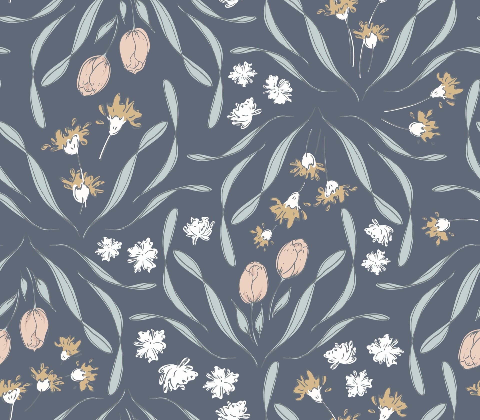 Primrose Floral Wallpaper in White, Blue, Blush, and Gold