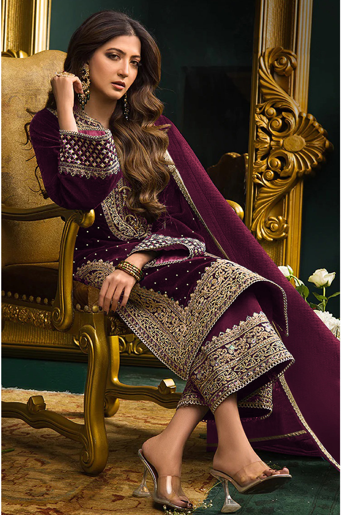Women Purple Velvet Embroidered Unstitched Salwar Suit Material