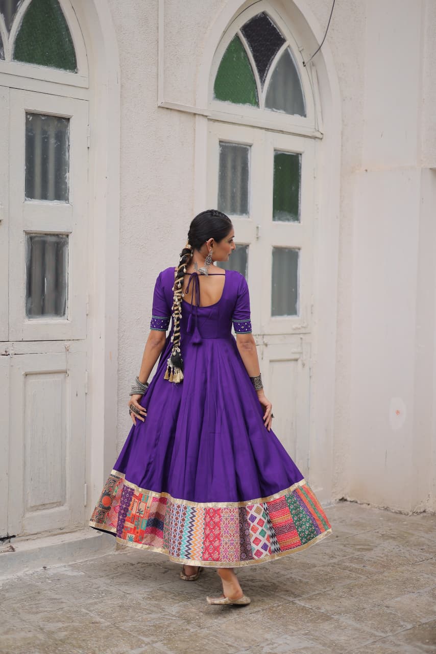 Purple Roman Silk Anarkali Gown with Mirror Work and Crochet Print