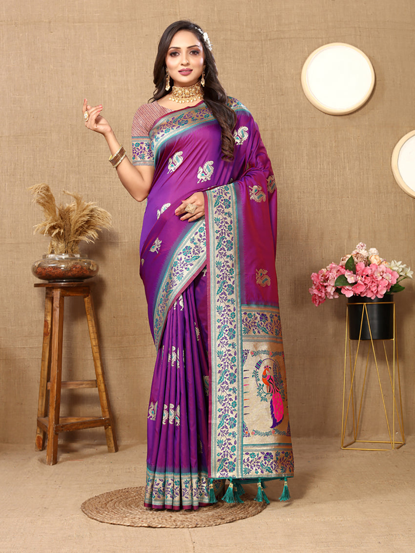 Purple soft paithani silk saree with detailed meenakari zari pallu