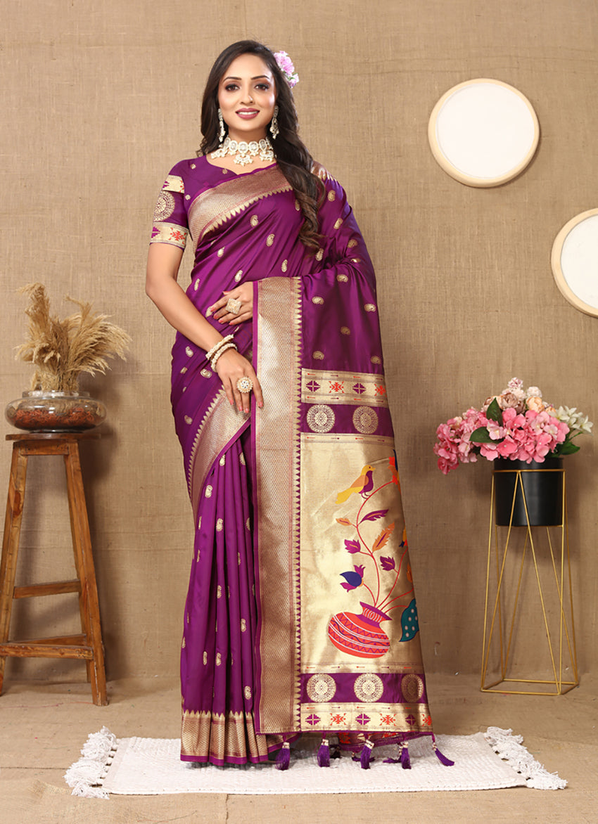 Deep purple soft Paithani silk saree with rich Zari and Meenakari weaving
