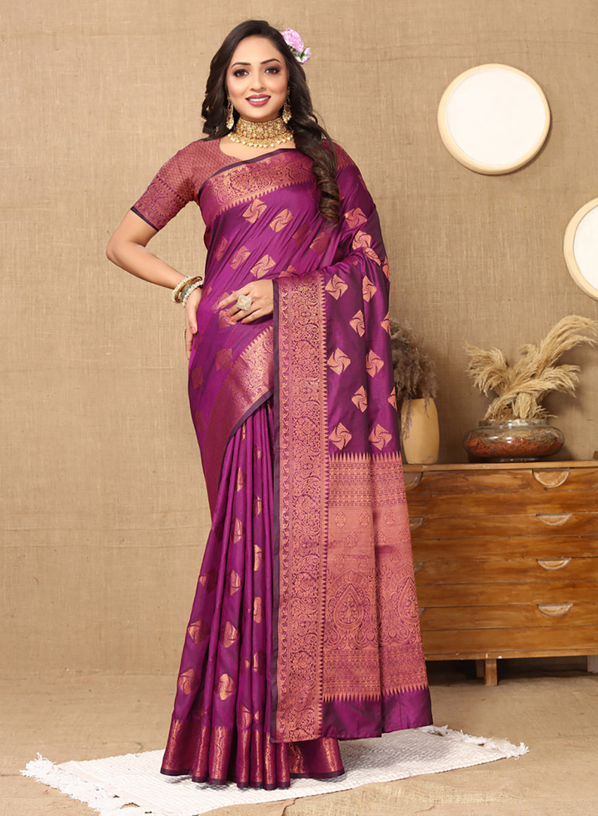 Purple Soft Katan Silk Saree with rich Copper Zari weaving
