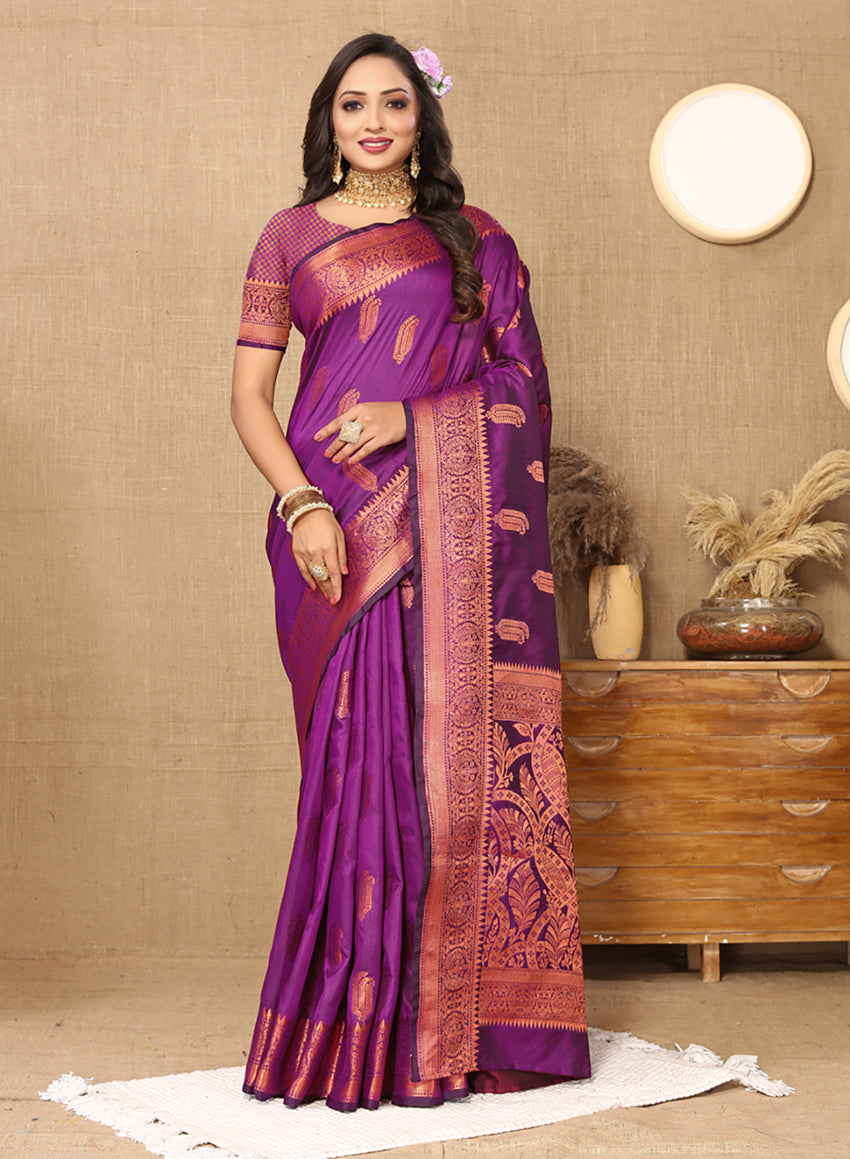 Purple soft katan silk saree featuring detailed copper zari weaving patterns