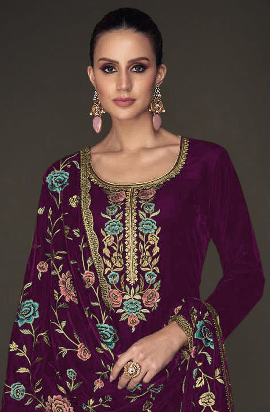 Women Purple Velvet Embroidered Salwar Suit Dress Material