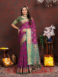 Purple Patola silk saree with Zari Meenakari woven motifs and matching silk blouse