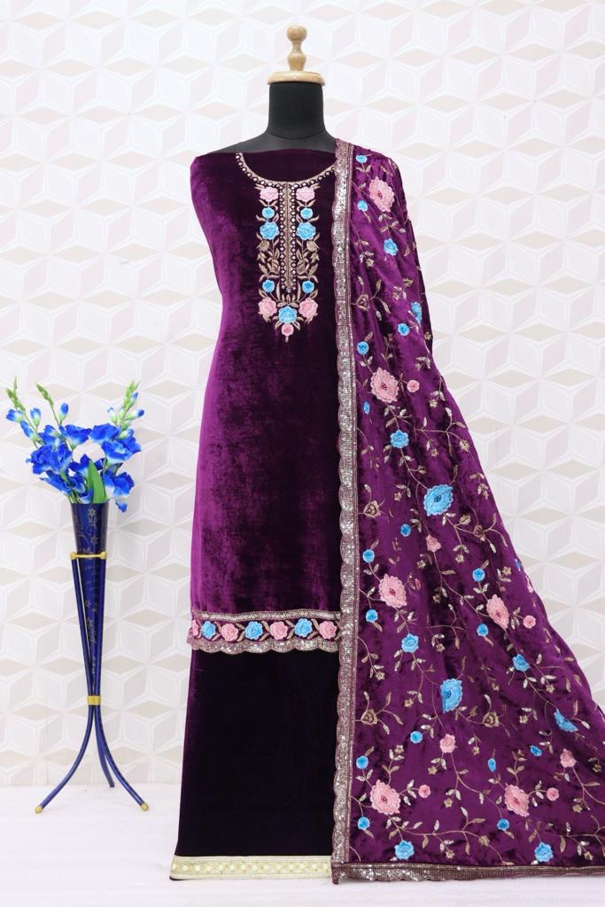 Women Purple Velvet Embroidered Salwar Suit Dress Material