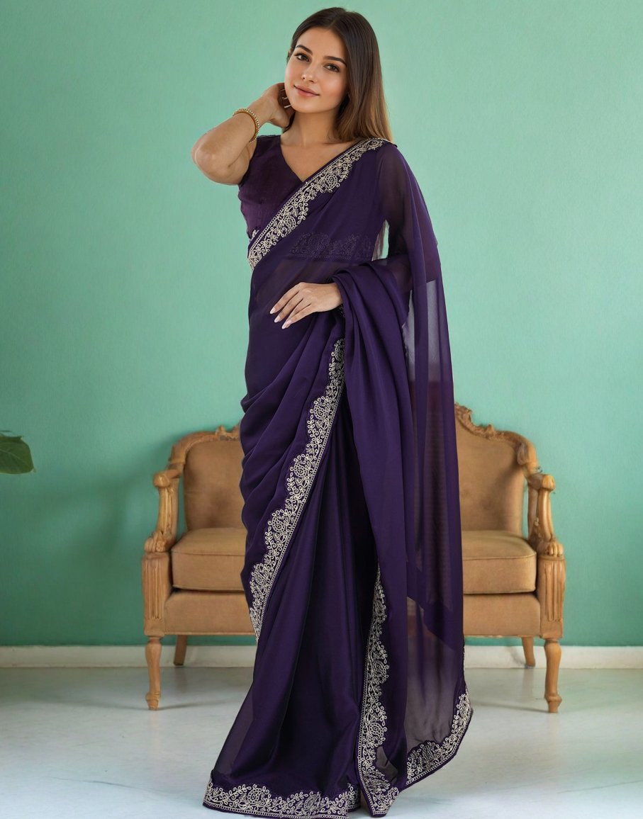 Lorenvalley Fashion Purple Rangoli Silk with Coding Lace Work Saree with Blouse