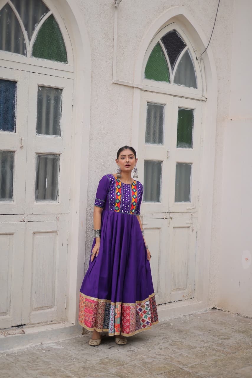 Purple Roman Silk Anarkali Gown with Mirror Work and Crochet Print