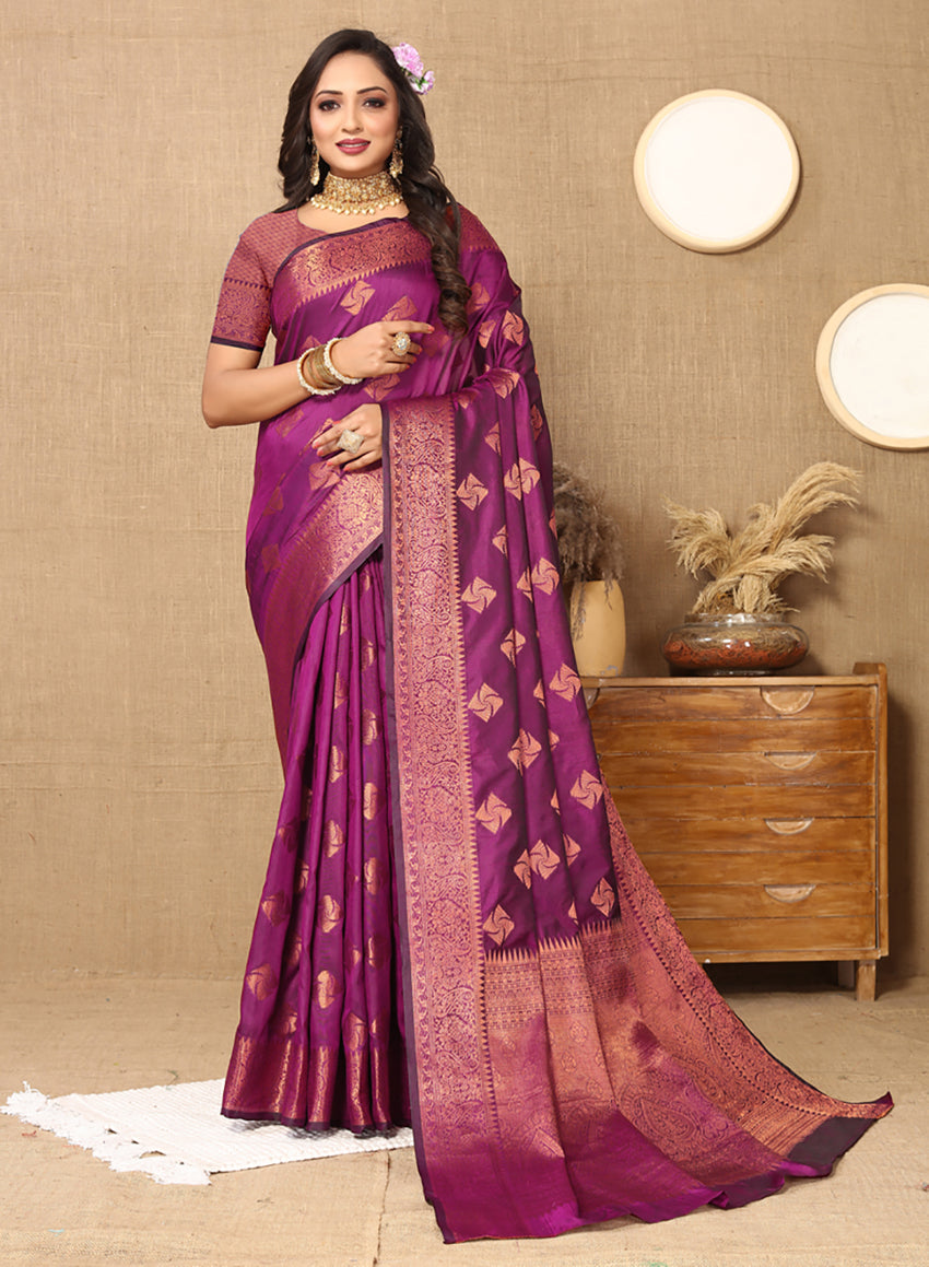 Purple Soft Katan Silk Saree with Copper Zari Weaving