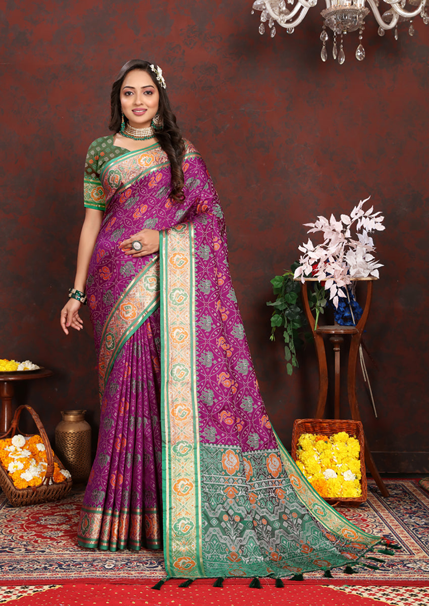 Purple Patola Silk Saree with Zari Meenakari Motifs