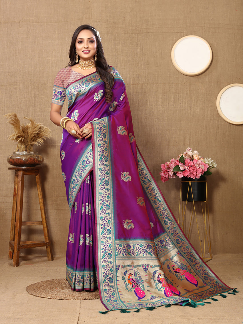 Purple Soft Paithani Silk Saree with Rich Meenakari Zari Pallu