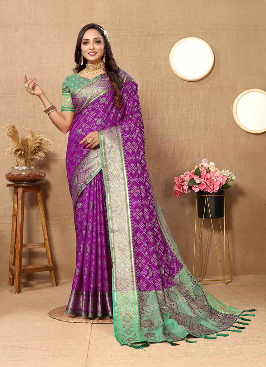 Purple Patola Silk Saree with Zari Meenakari Weaving Motifs
