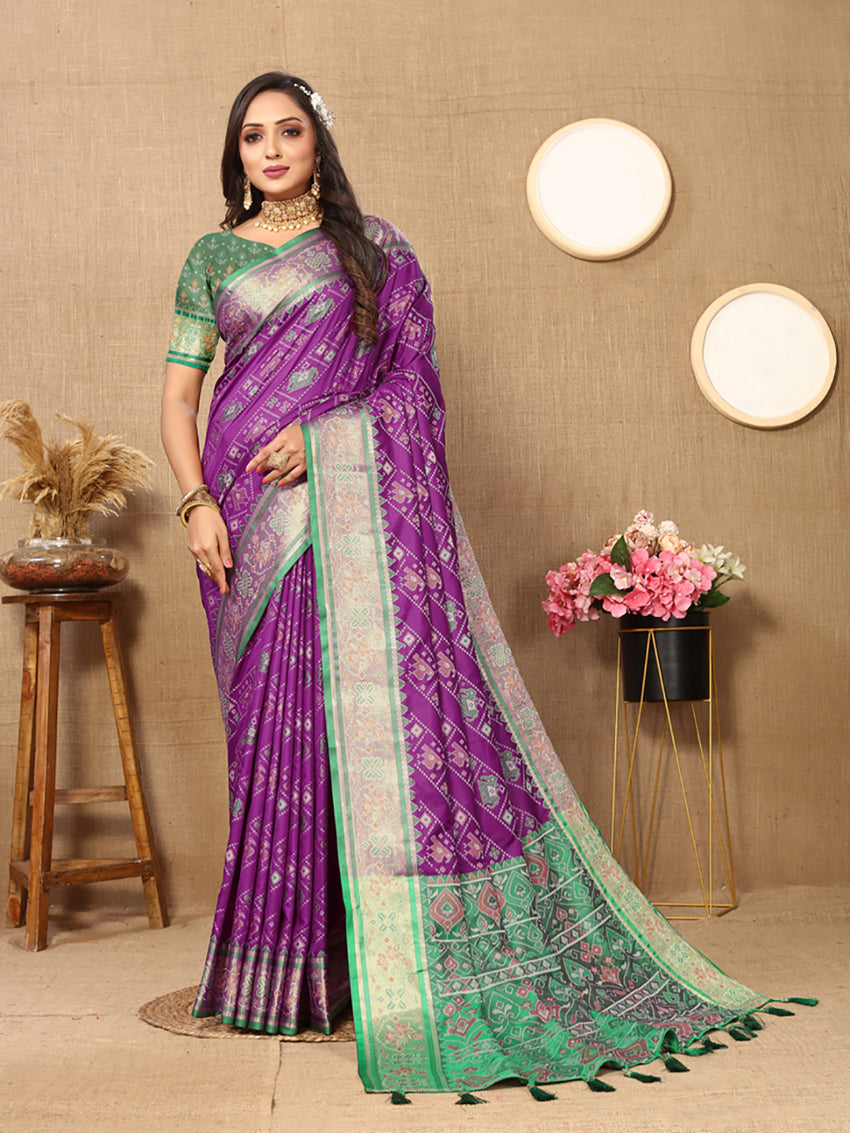 Purple Patola Silk Saree with Zari Meenakari Woven Pallu