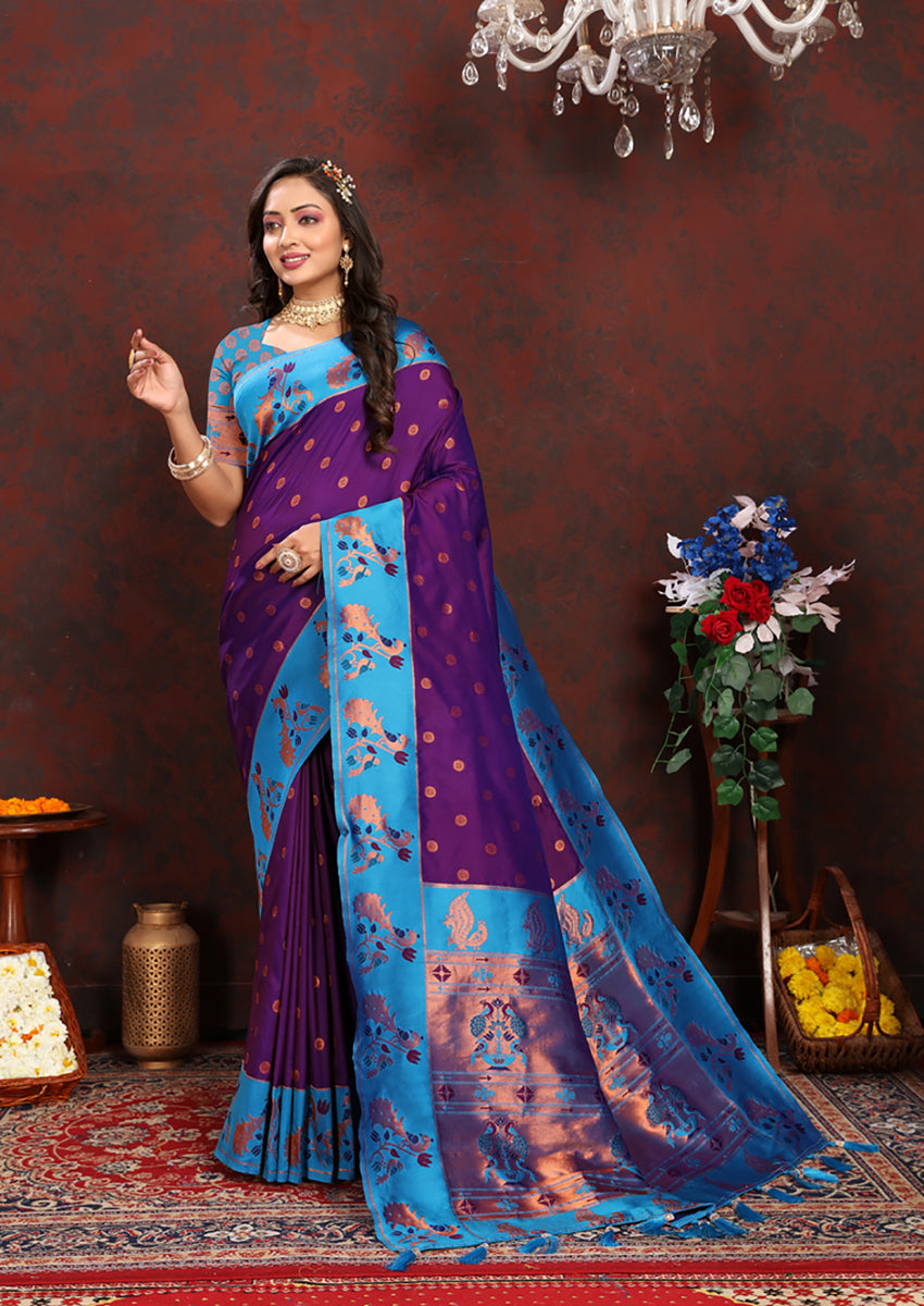 Purple Soft Paithani Silk Saree with Rich Zari Meenakari Weaving