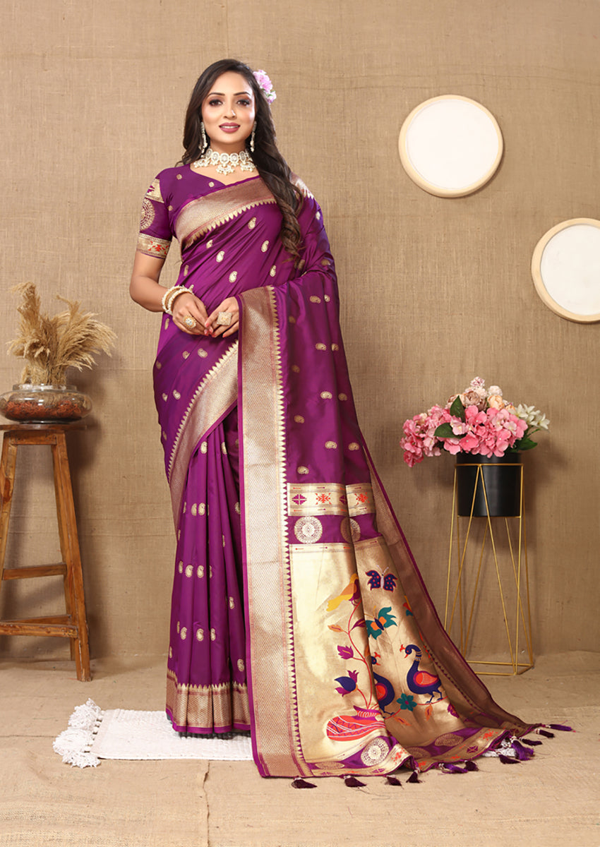 Purple Soft Paithani Silk Saree with Zari Meenakari
