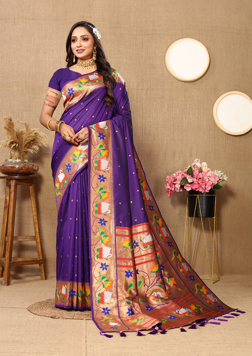 Purple Soft Paithani Silk Saree with Rich Zari Meenakari Weaving