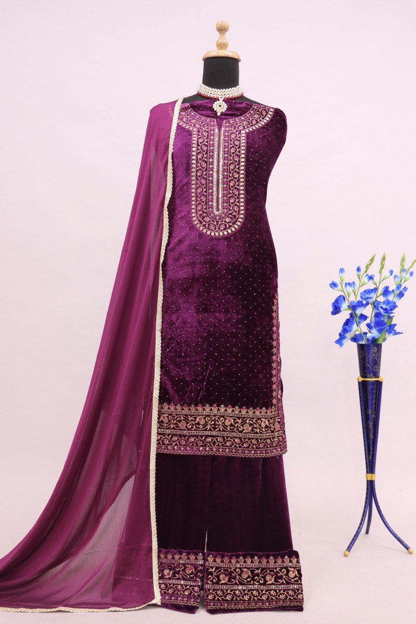 Women Purple Velvet Embroidered Unstitched Salwar Suit Material
