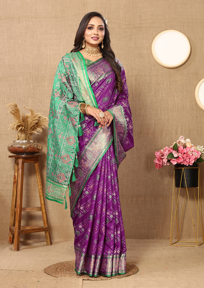Purple Patola Silk Saree with Zari Meenakari Woven Pallu