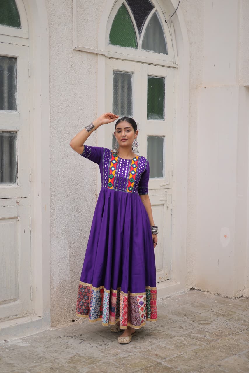 Purple Roman Silk Anarkali Gown with Mirror Work and Crochet Print