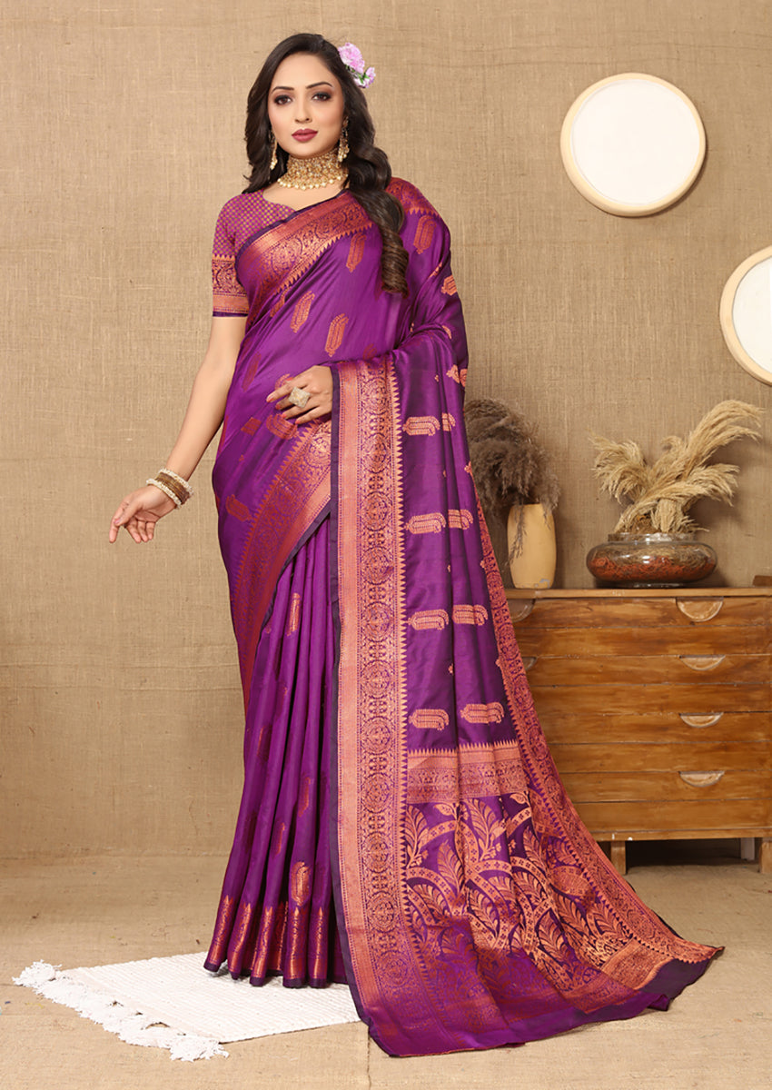 Purple Soft Katan Silk Saree with Copper Zari Woven Design