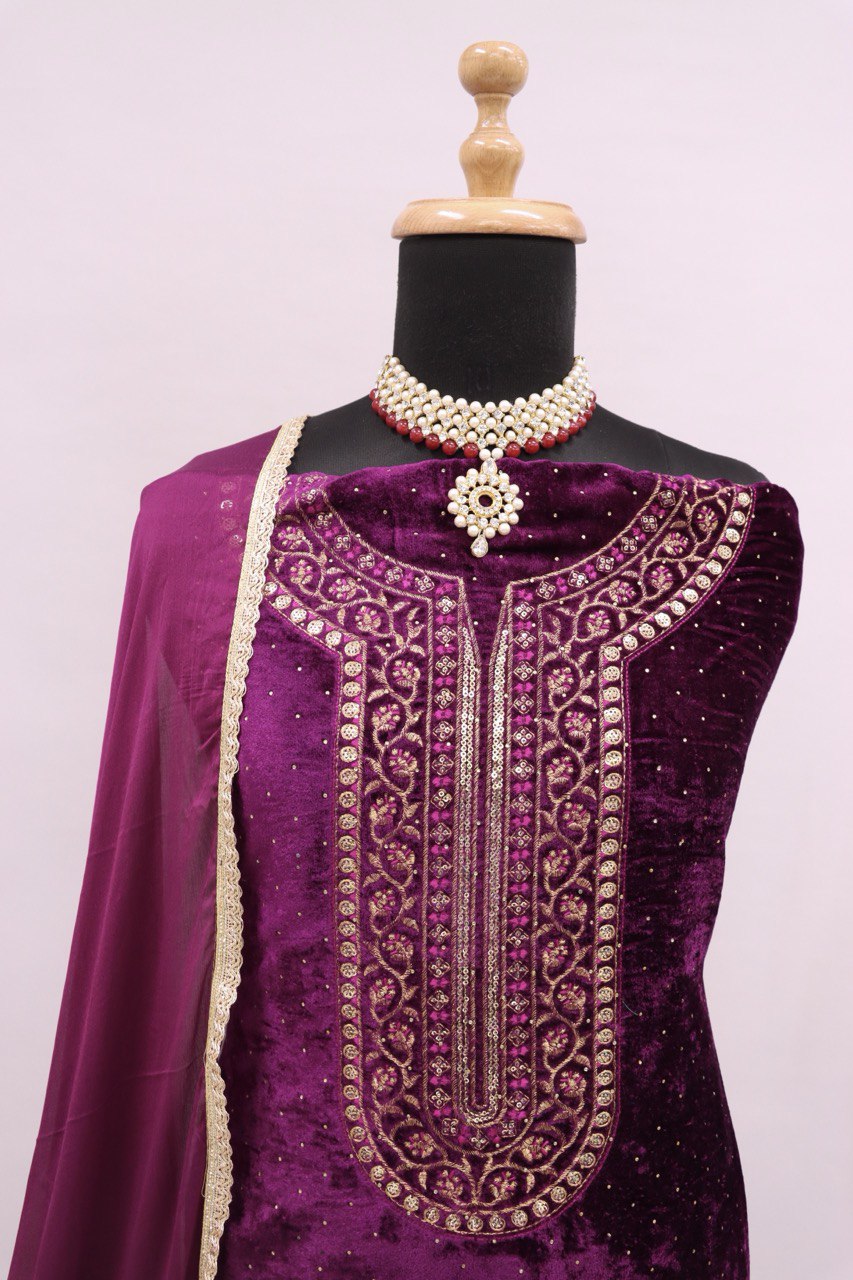 Women Purple Velvet Embroidered Unstitched Salwar Suit Material