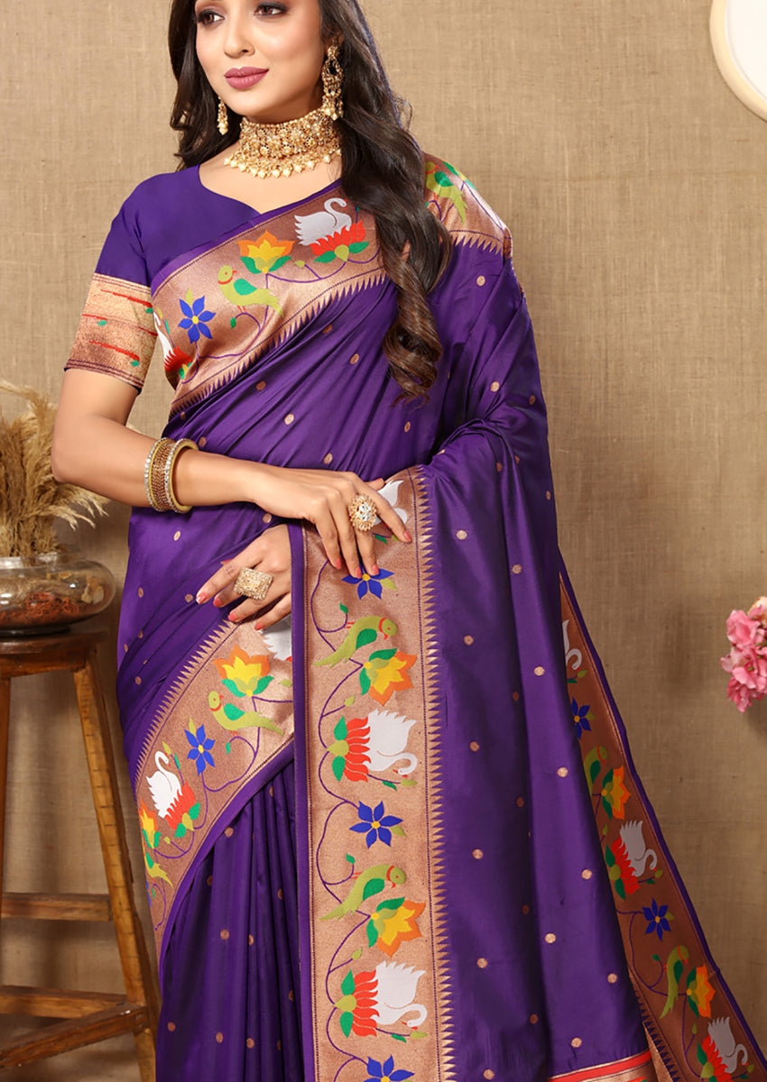 Purple Soft Paithani Silk Saree with Rich Zari Meenakari Weaving