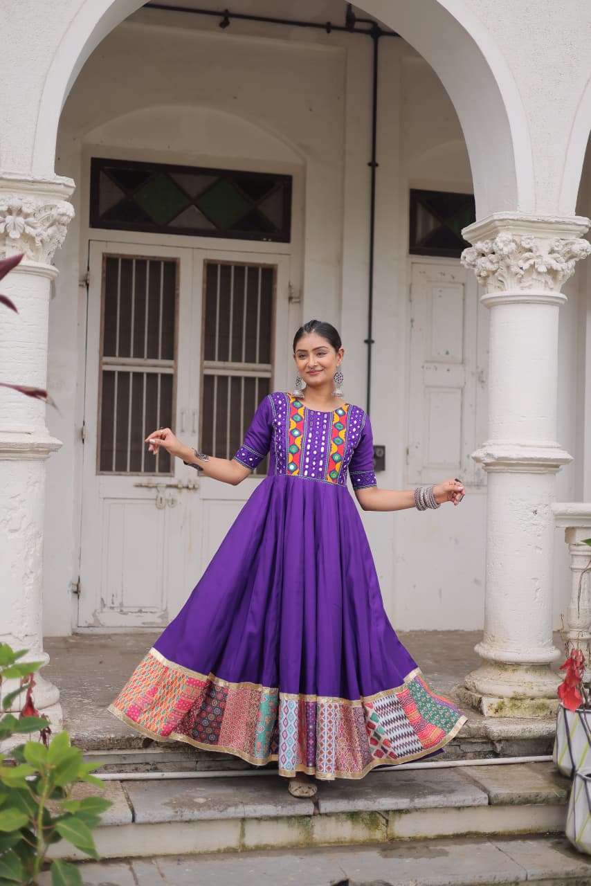 Purple Roman Silk Anarkali Gown with Mirror Work and Crochet Print