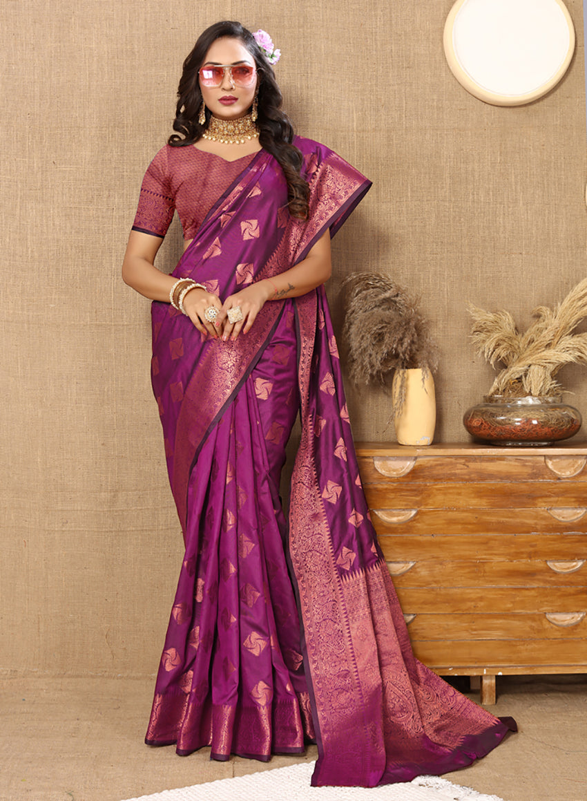 Purple Soft Katan Silk Saree with Copper Zari Weaving