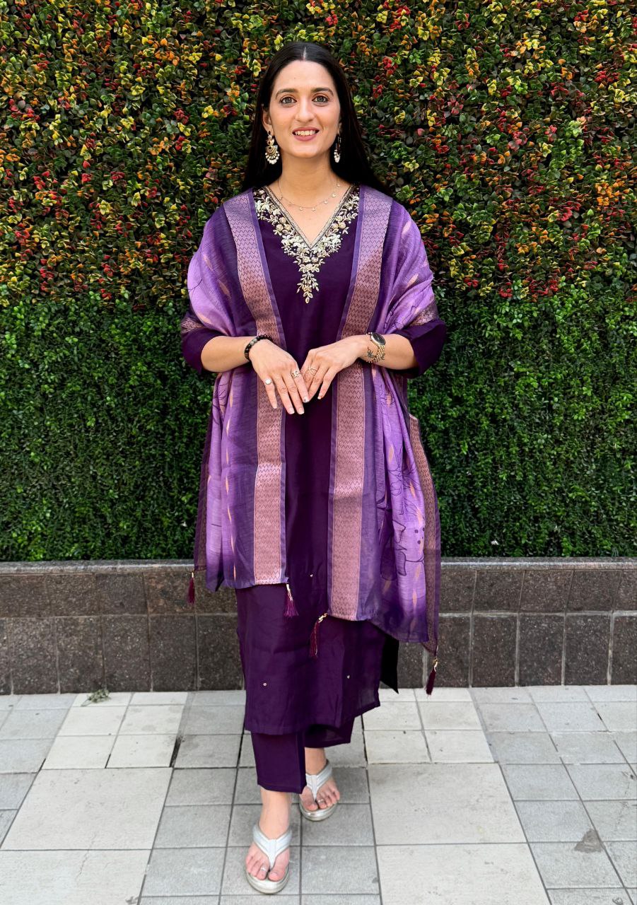 Purple Roman Silk Kurta Pant Set with Hand Work and Dupatta