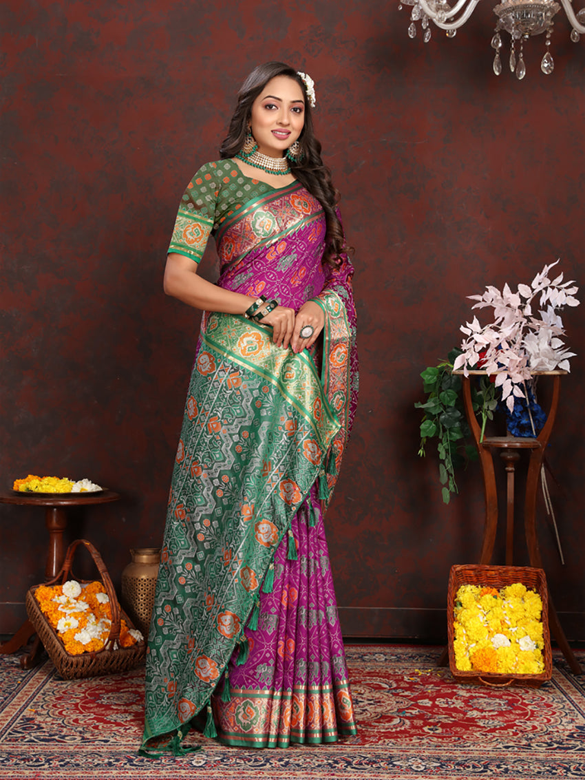 Purple Patola Silk Saree with Zari Meenakari Motifs